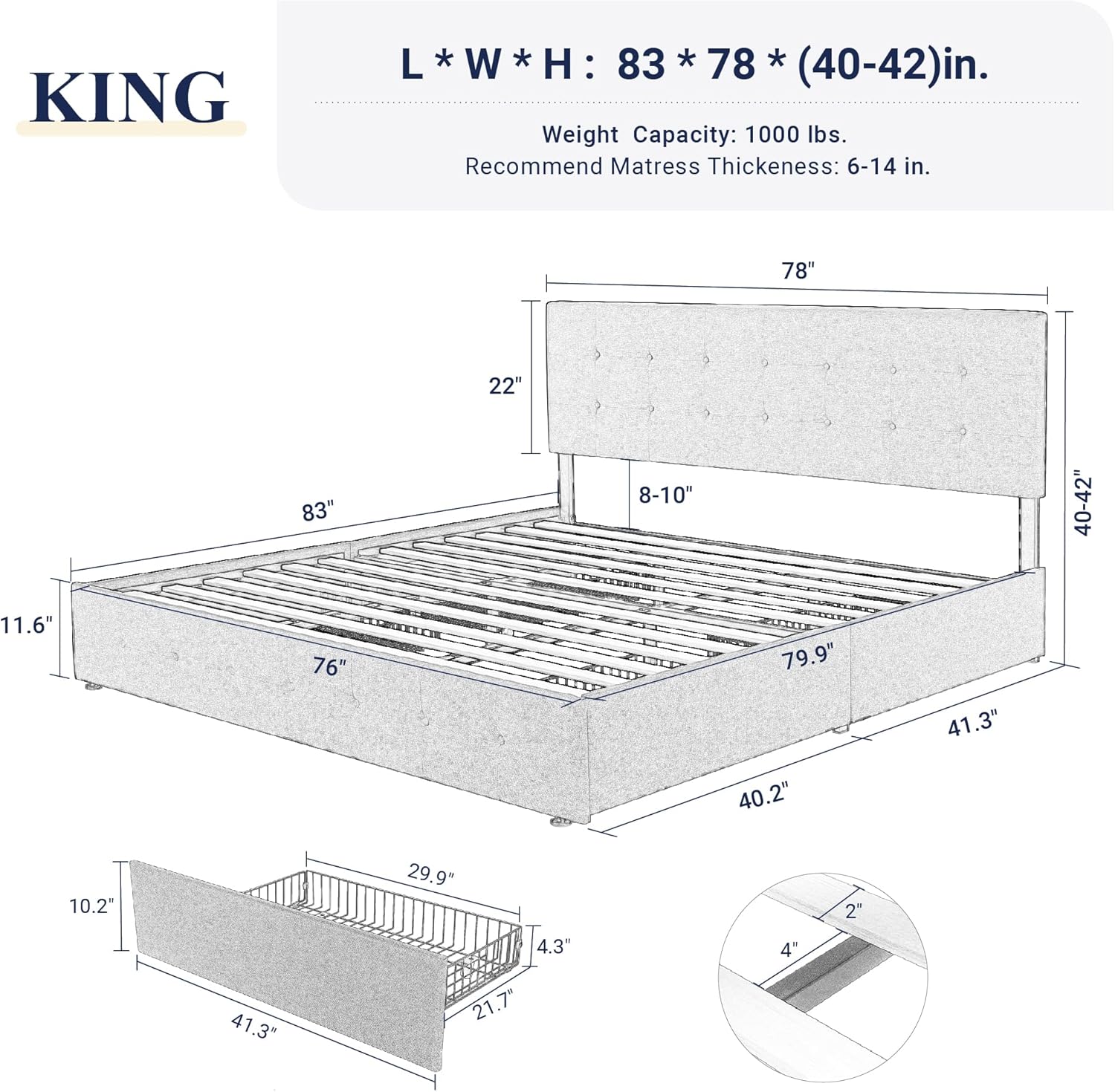 Allewie Upholstered Queen Size Platform Bed Frame with 4 Storage Drawers and Headboard, Square Stitched Button Tufted, Mattress Foundation with Wooden Slats Support, No Box Spring Needed, Light Grey