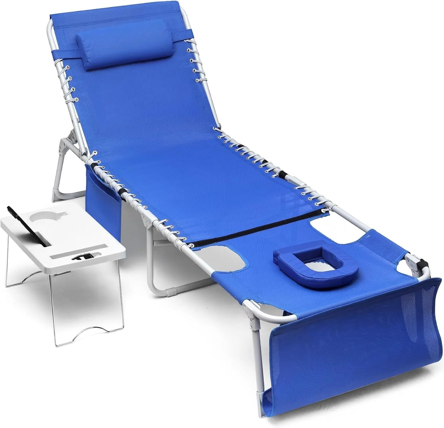 3-in-1 Outdoor Sun Tanning Lounge Chair with Face Hole - 5-Position Folding Recliner with Side Table, Blue