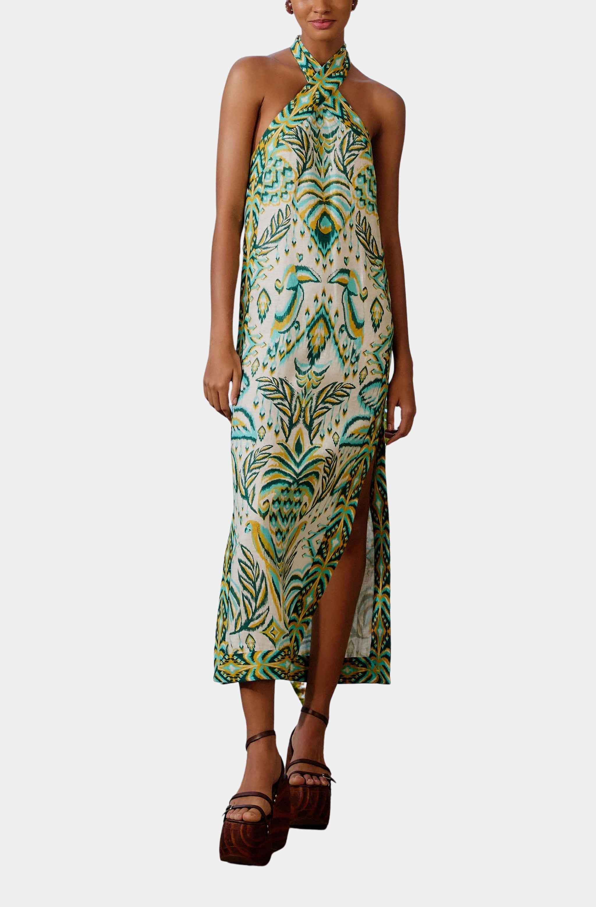 Tropical Tapestry Off-White Halter Neck Maxi Dress