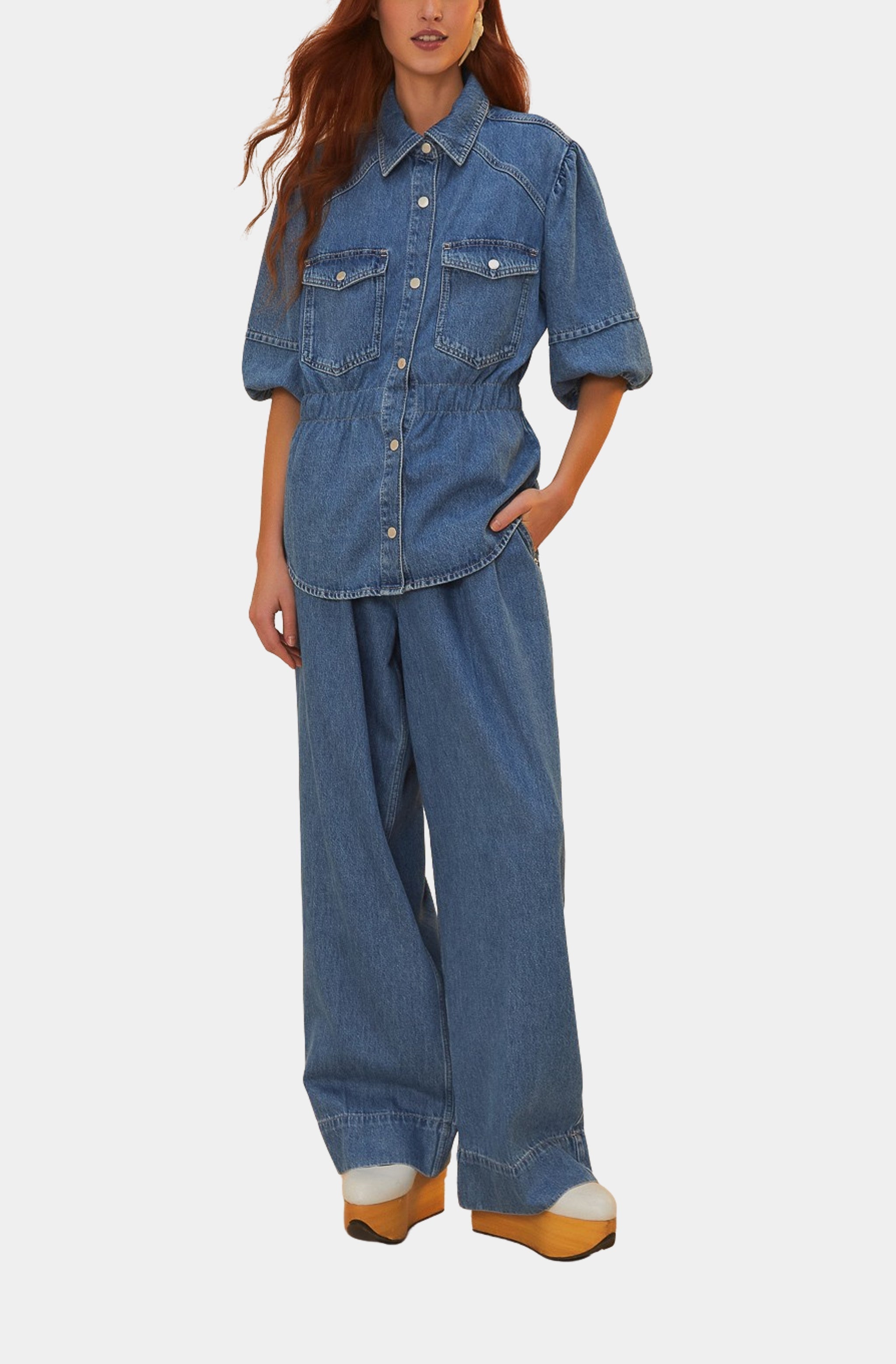 Denim Shirt Puffing Sleeve