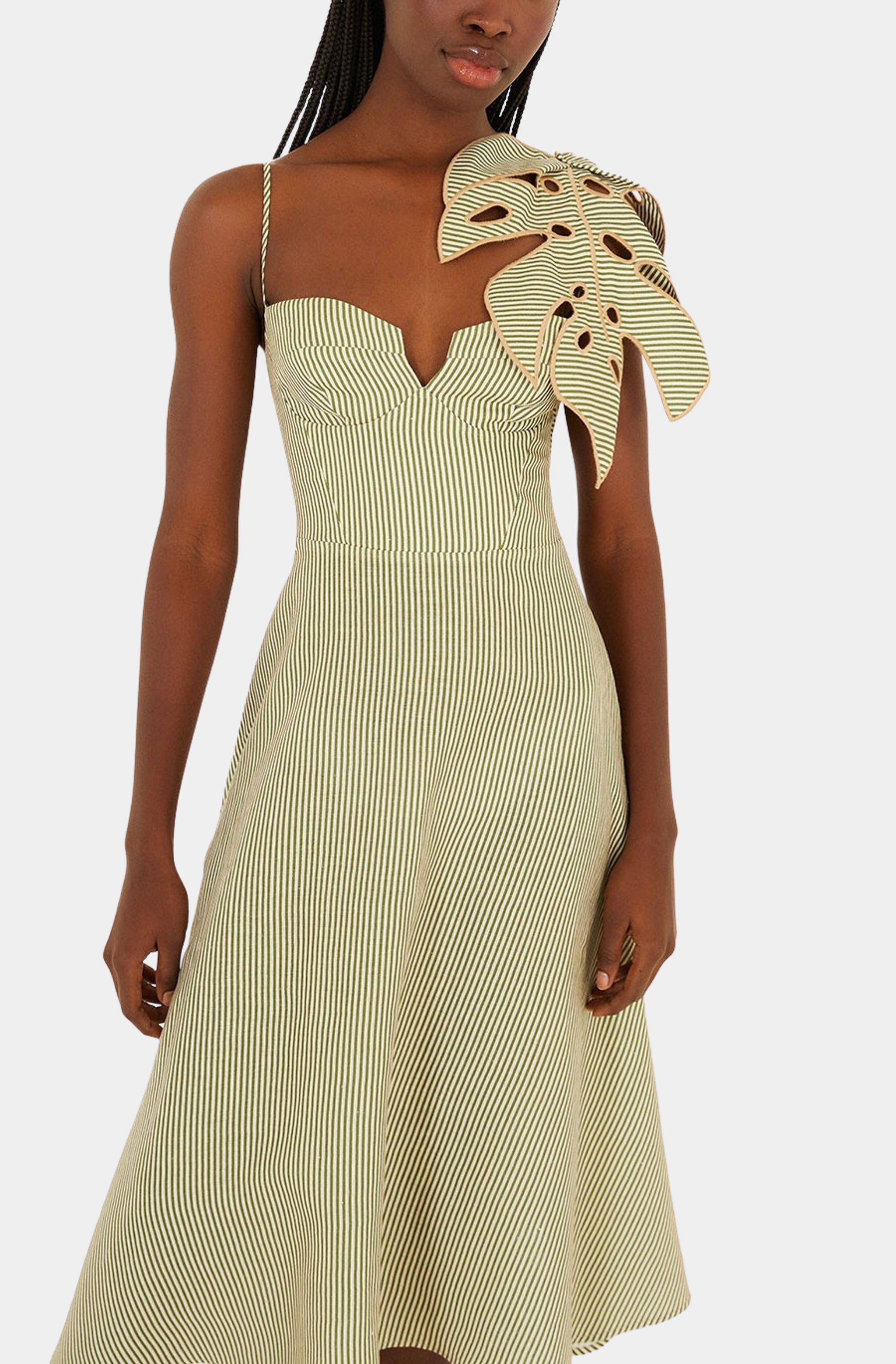 Striped Monstera Leaf Sleeveless Midi Dress