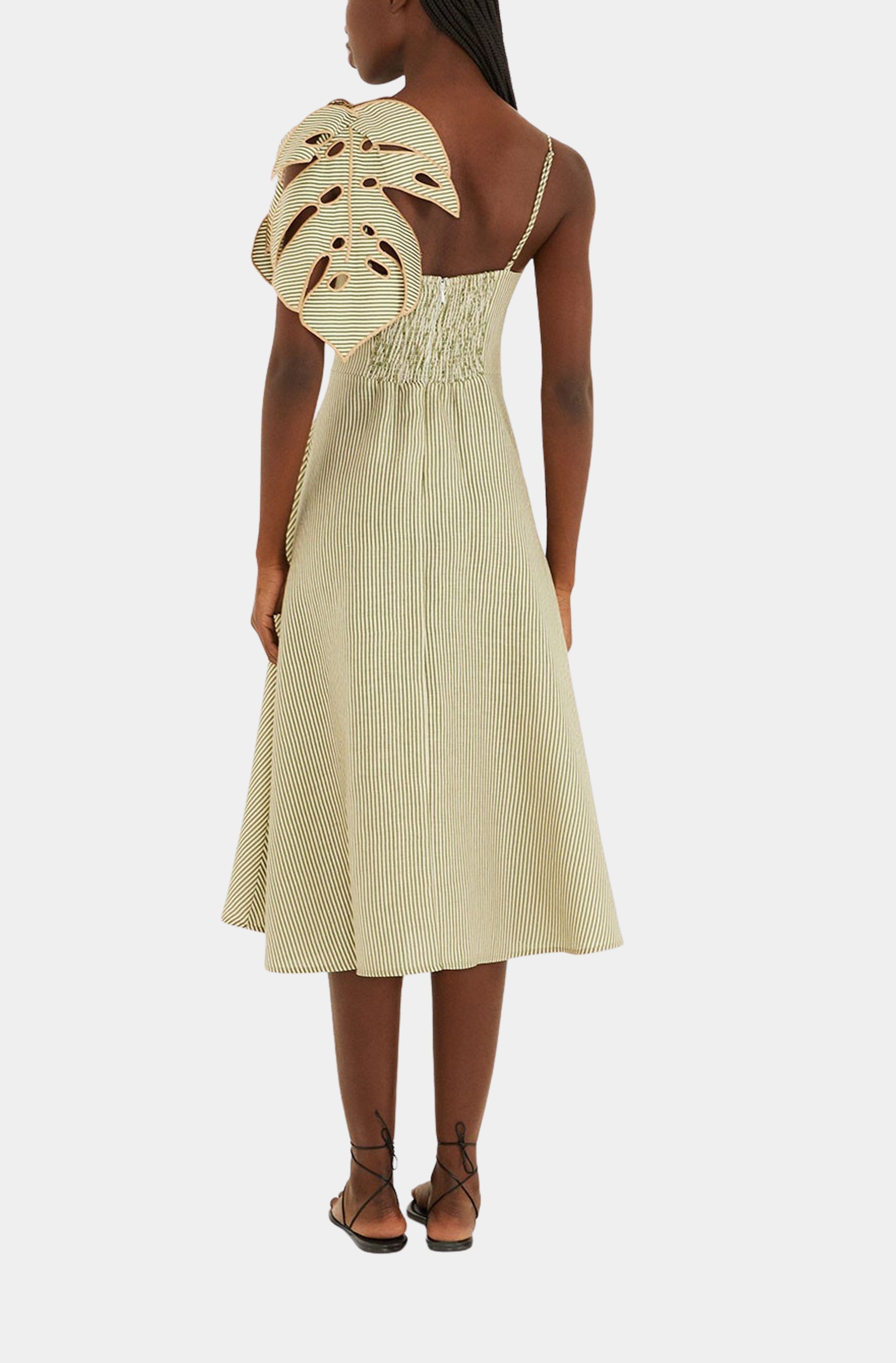 Striped Monstera Leaf Sleeveless Midi Dress