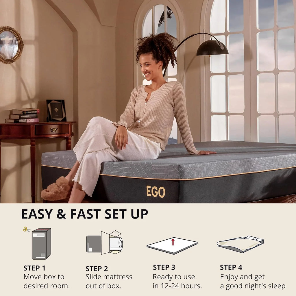 EGOHOME 14 Inch King Size Memory Foam Mattress for Back Pain, Cooling Gel Mattress Bed in a Box, Made in USA, CertiPUR-US Certified, Therapeutic Medium Mattress, 76x80x14 Black