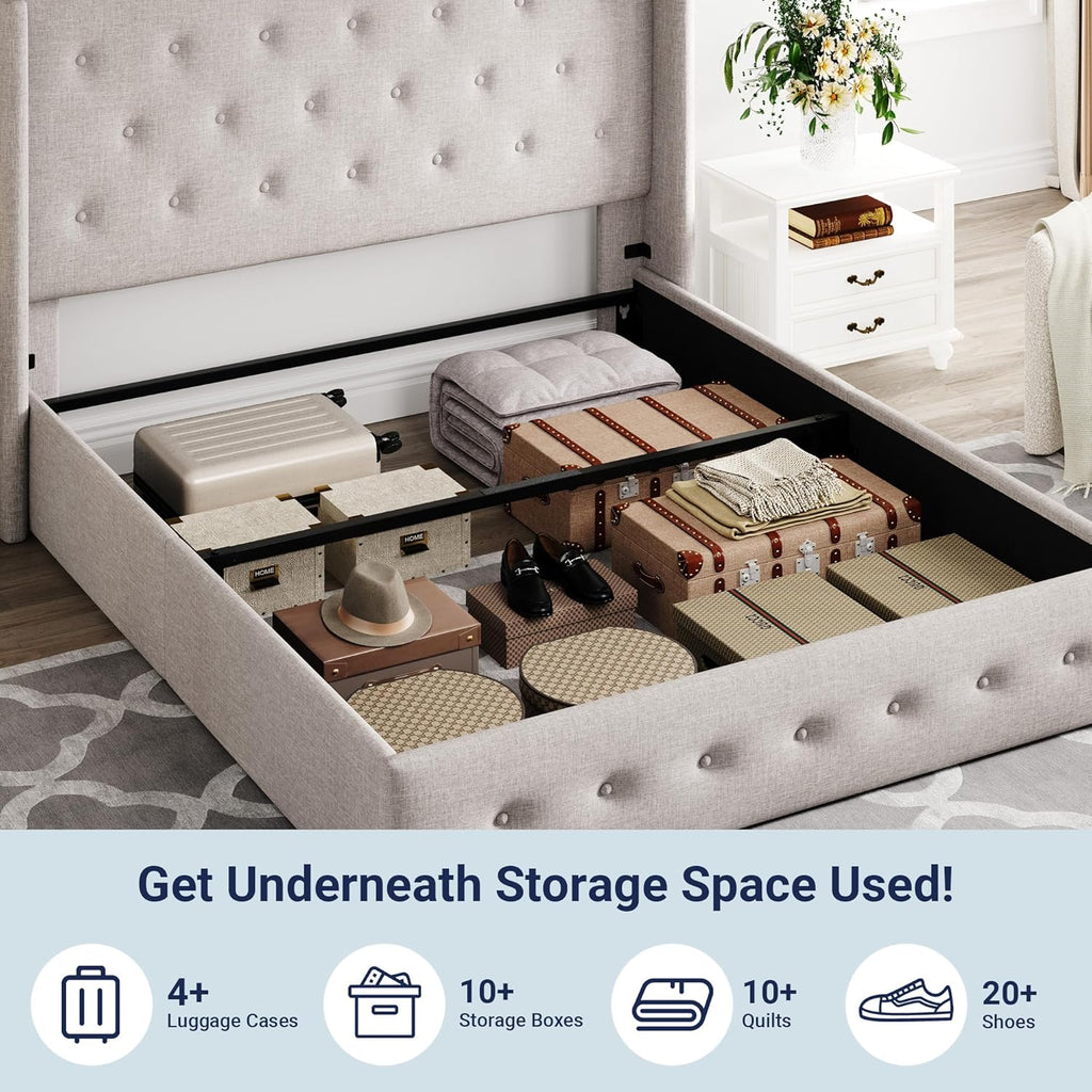 Allewie Queen Size Lift Up Storage Bed, Modern Wingback Headboard, Hydraulic Support, No Box Spring Needed, Light Beige