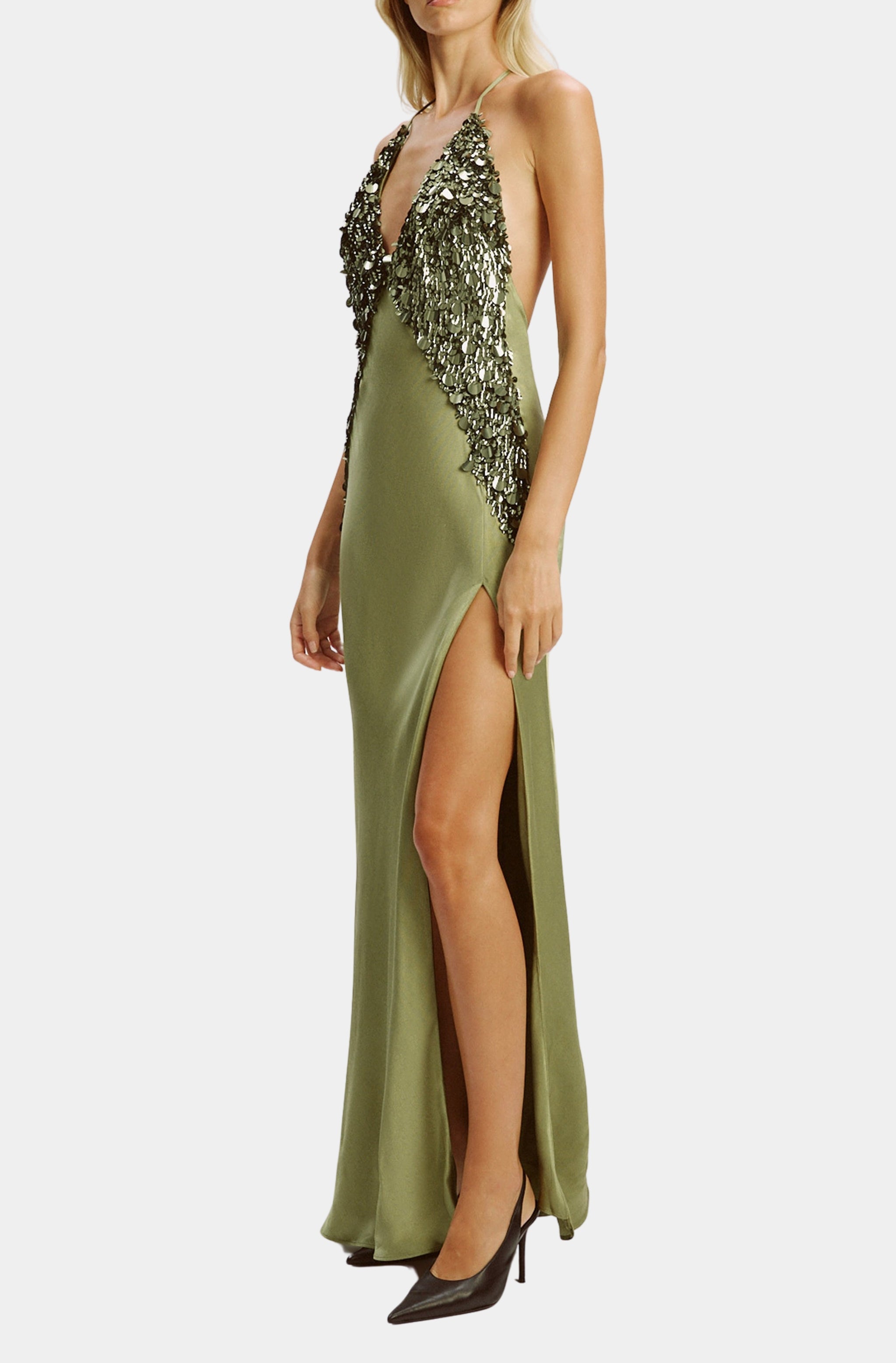 Yve Sequin Satin Halter Dress