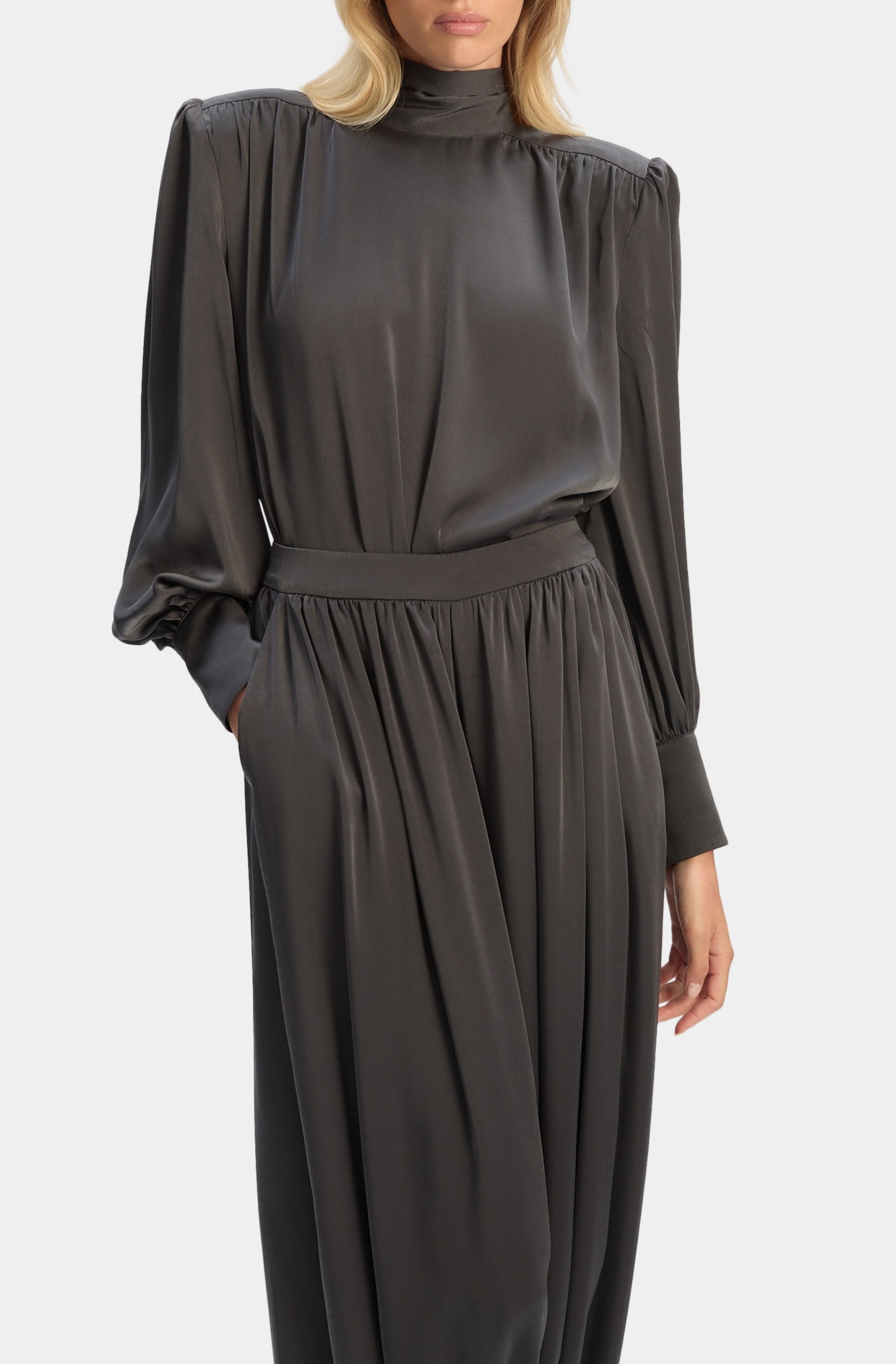 Revana Satin Tie Neck Blouse