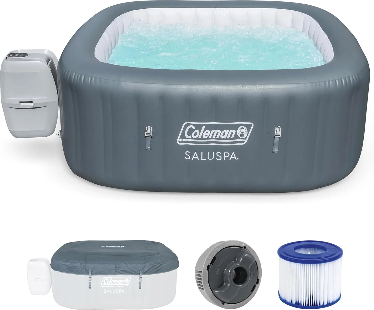 4 to 6 Person Inflatable Hot Tub Square Portable Outdoor Spa with 114 Soothing AirJets and Insulated Cover, Gray-Coleman