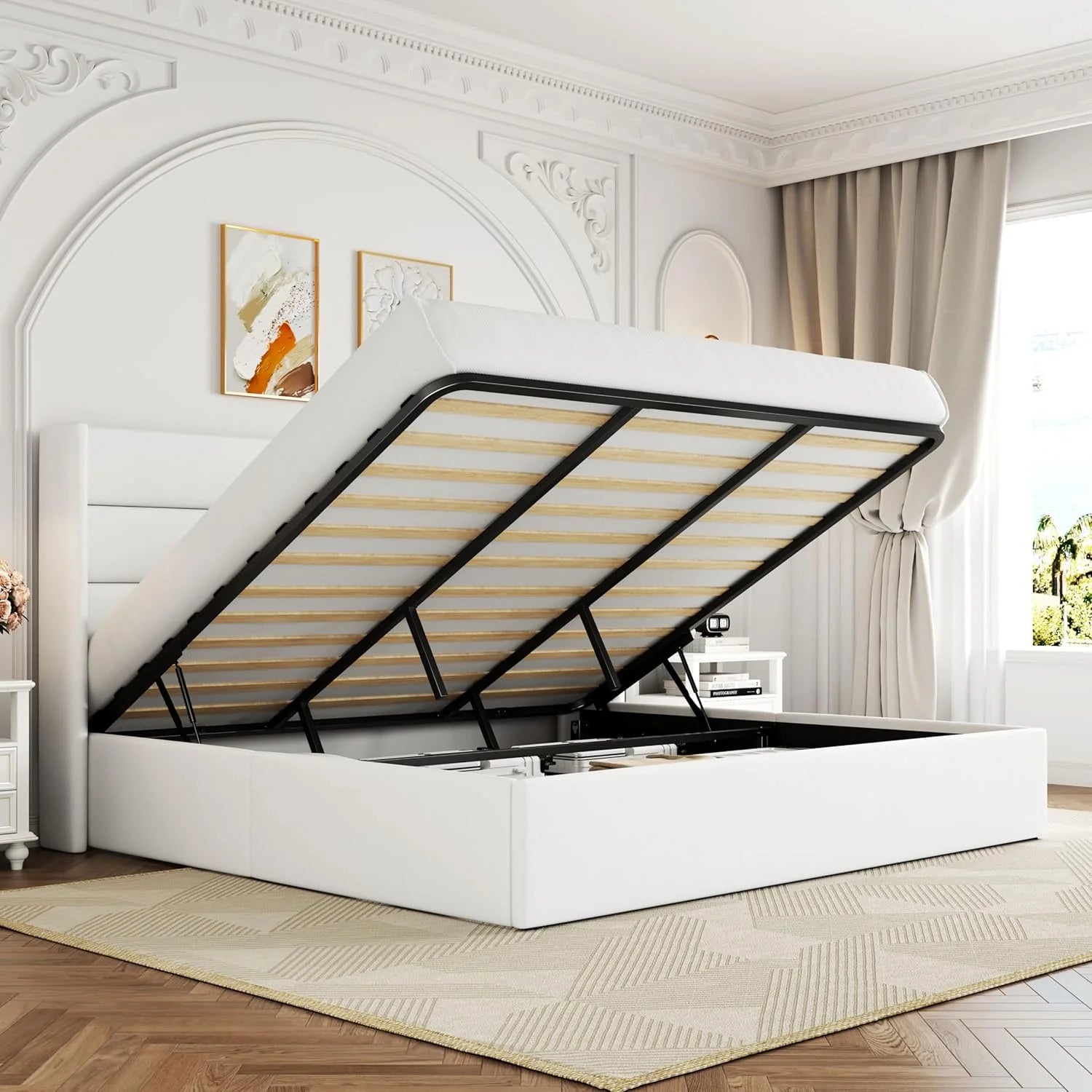 Allewie Queen Size Lift Up Storage Bed, Modern Wingback Headboard, Hydraulic Support, No Box Spring Needed, Light Beige