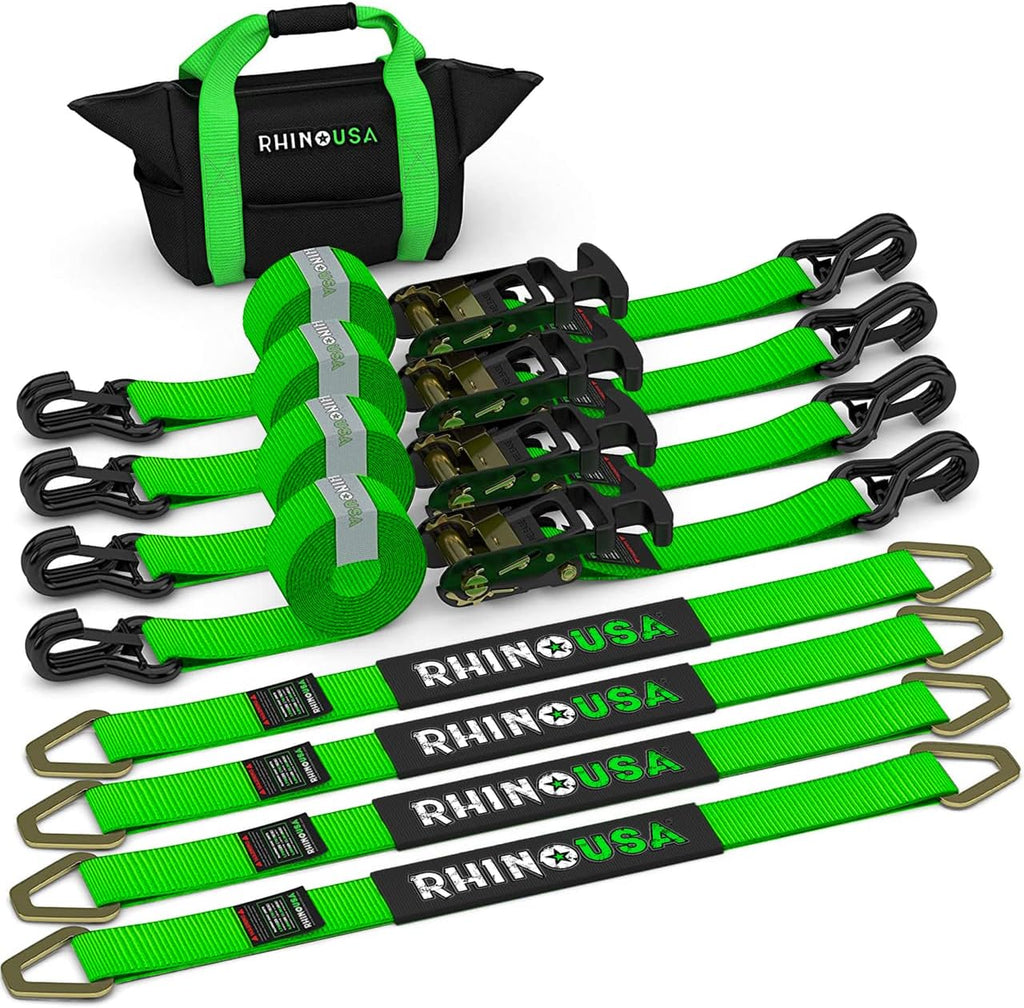 Car Tie Down Straps for Trailers with J Hooks (4-Pack) - 2 Inch x 8 Feet (10,000lb Break Strength) - Heavy Duty T-Handle Car Hauler Tire Straps for Trailer & UTV with Axle Straps - Black