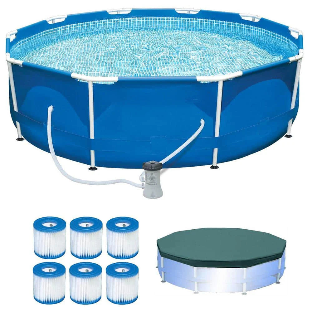 10 ft. x 10 ft. Round 30 in. Deep Metal Frame Pool w/ Pump & Type H Filters (6 Pack) & 10′ Round Pool Cover 6 x 29007E 28201EH 28030E
