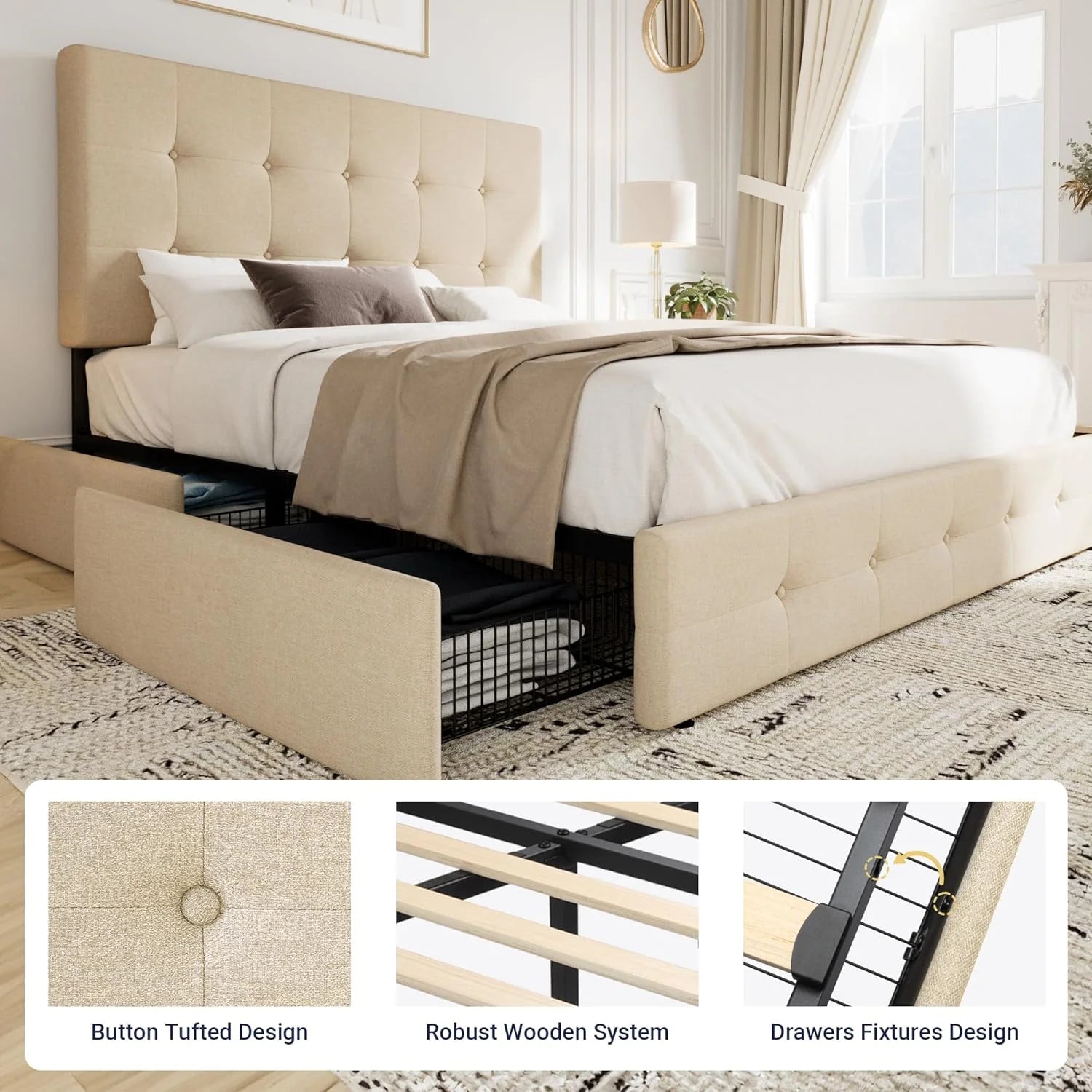 Allewie Upholstered Queen Size Platform Bed Frame with 4 Storage Drawers and Headboard, Square Stitched Button Tufted, Mattress Foundation with Wooden Slats Support, No Box Spring Needed, Light Grey