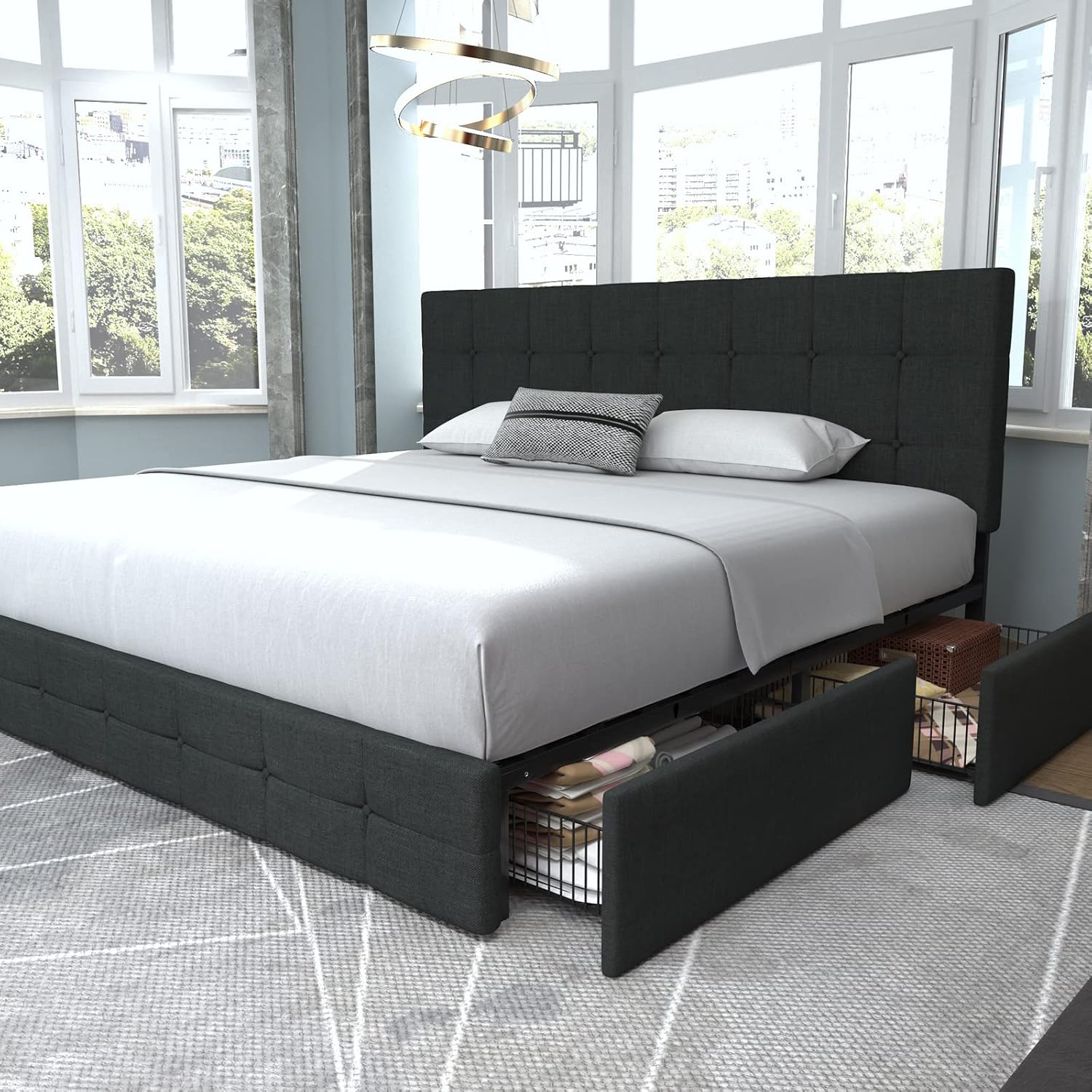 Allewie Upholstered Queen Size Platform Bed Frame with 4 Storage Drawers and Headboard, Square Stitched Button Tufted, Mattress Foundation with Wooden Slats Support, No Box Spring Needed, Light Grey