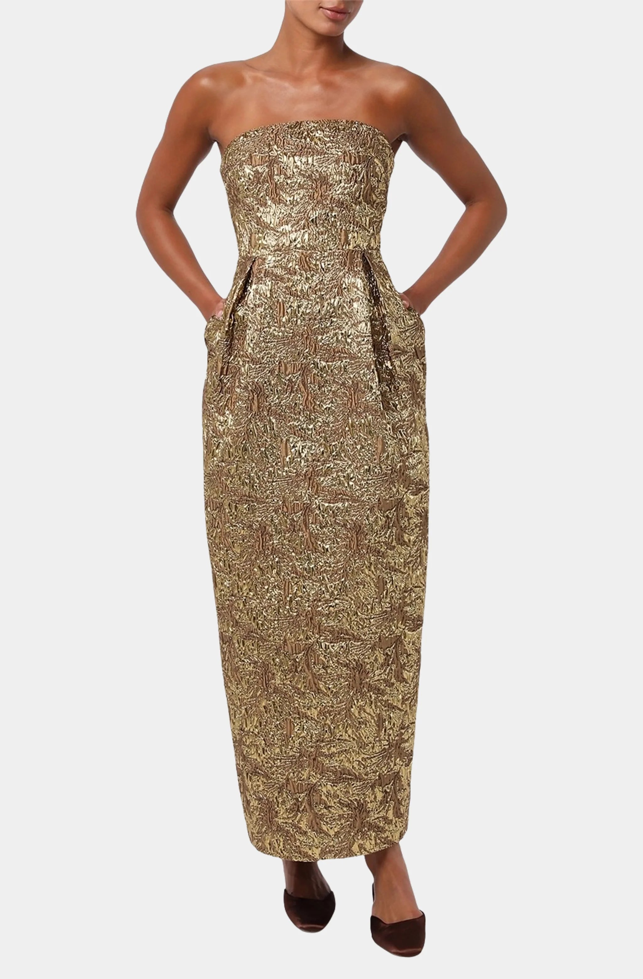 Kya Strapless Brocade Midi Dress with Pockets
