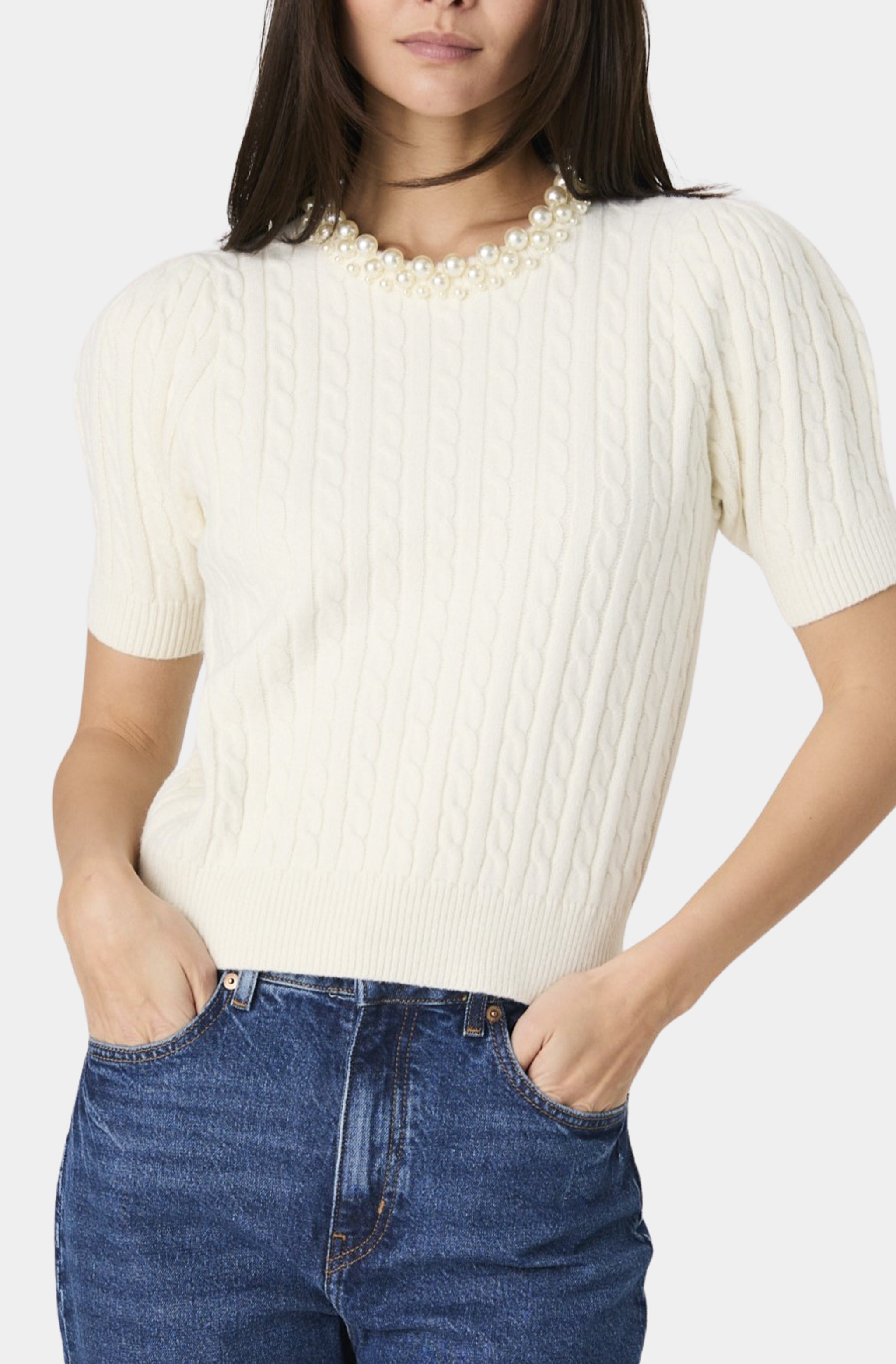 Embellished Neck Short Sleeve Sweater