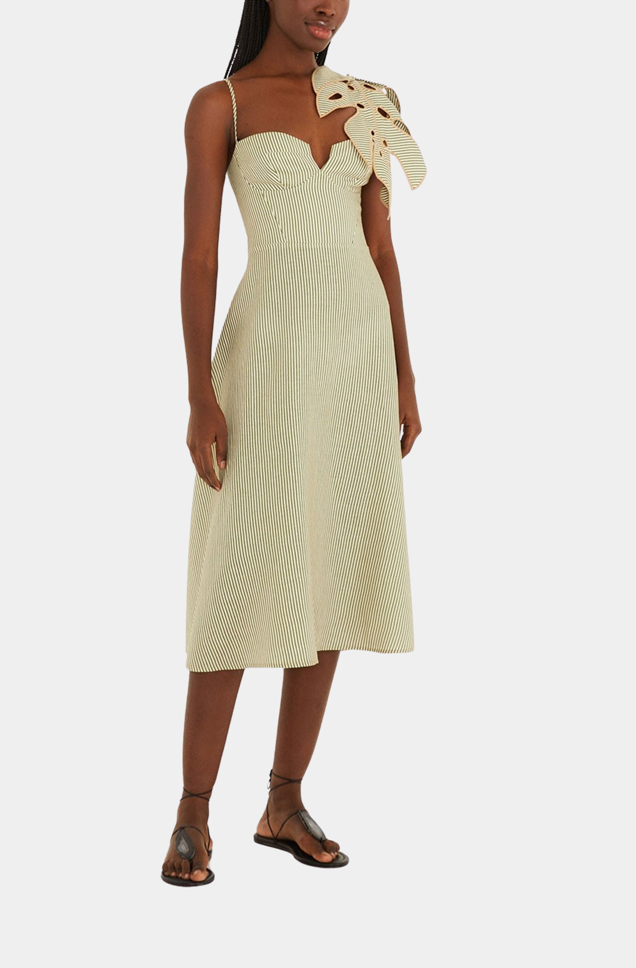 Striped Monstera Leaf Sleeveless Midi Dress