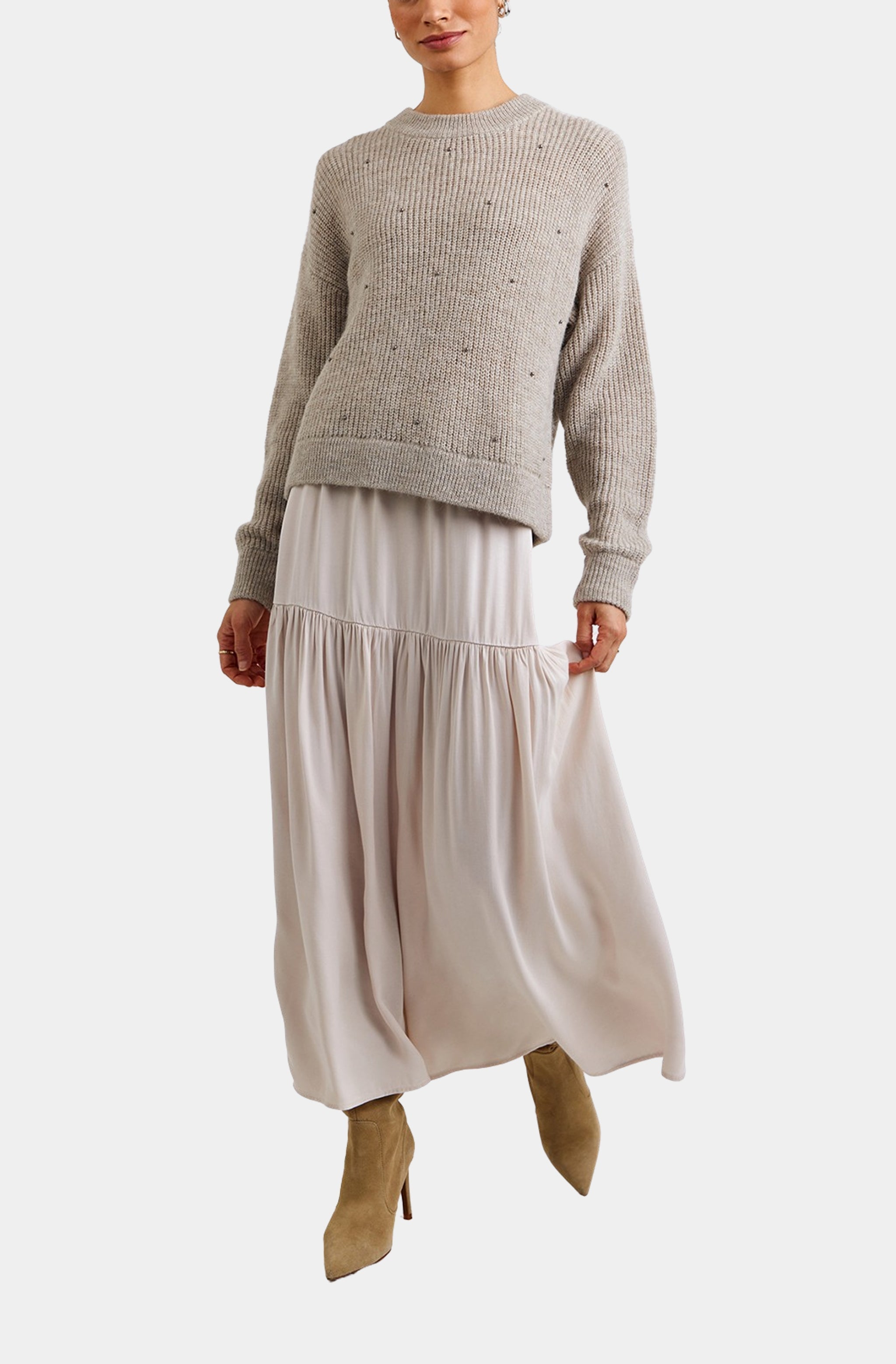 Dropped Waist Ruffle Maxi Skirt