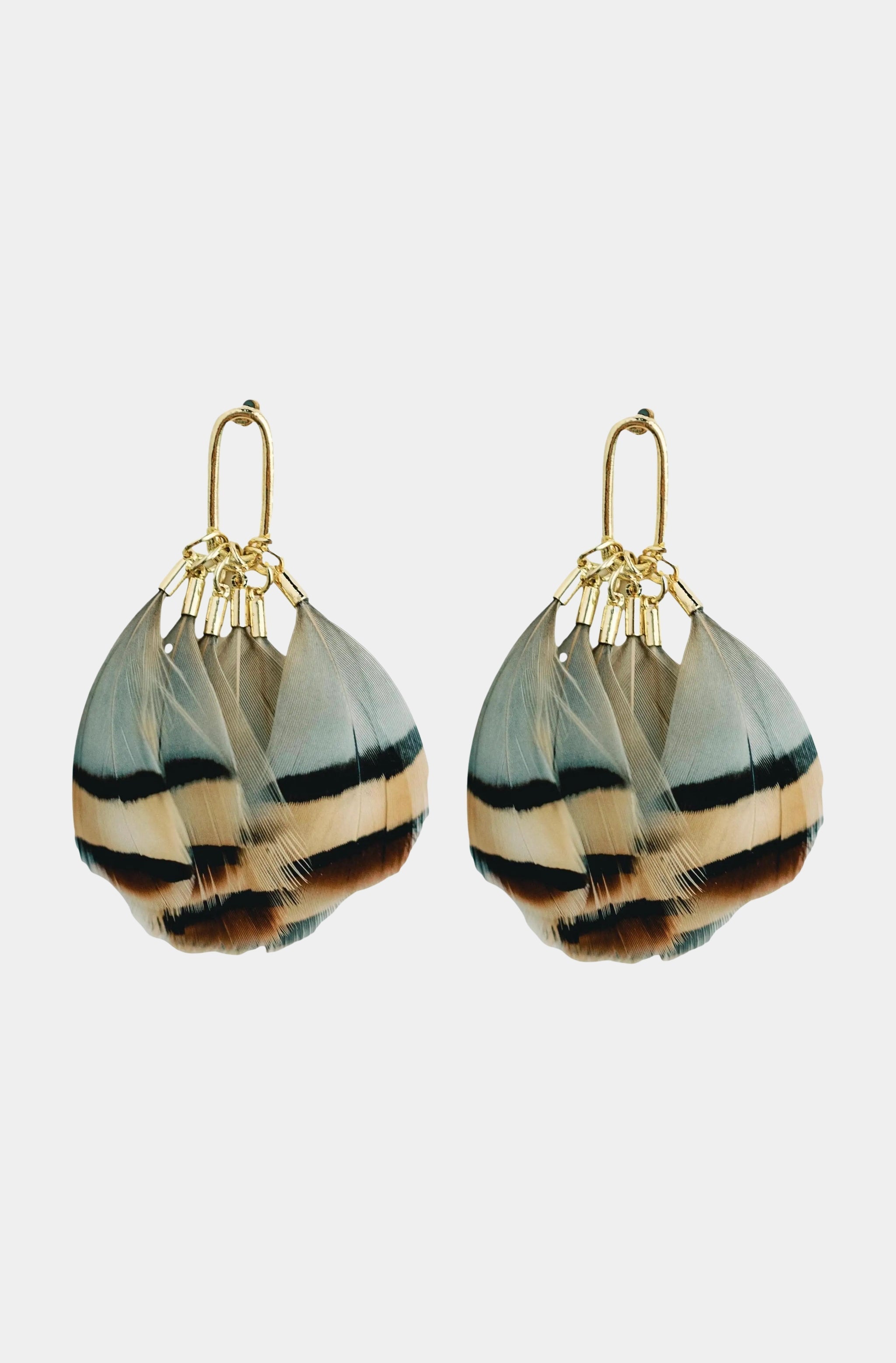 Brown Striped Fall Feather Statement Tassel Earrings
