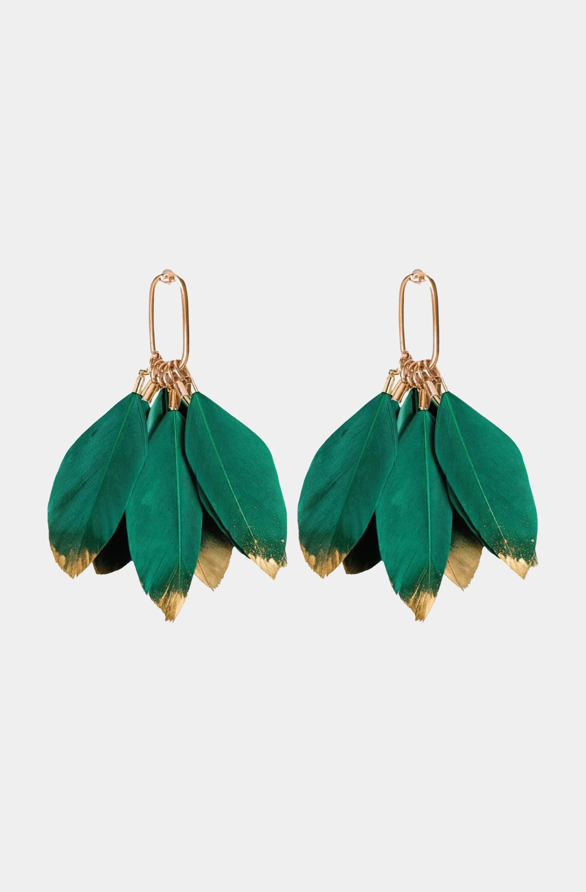 Emerald Gold Dipped Fall Feather Tassel Statement Earrings