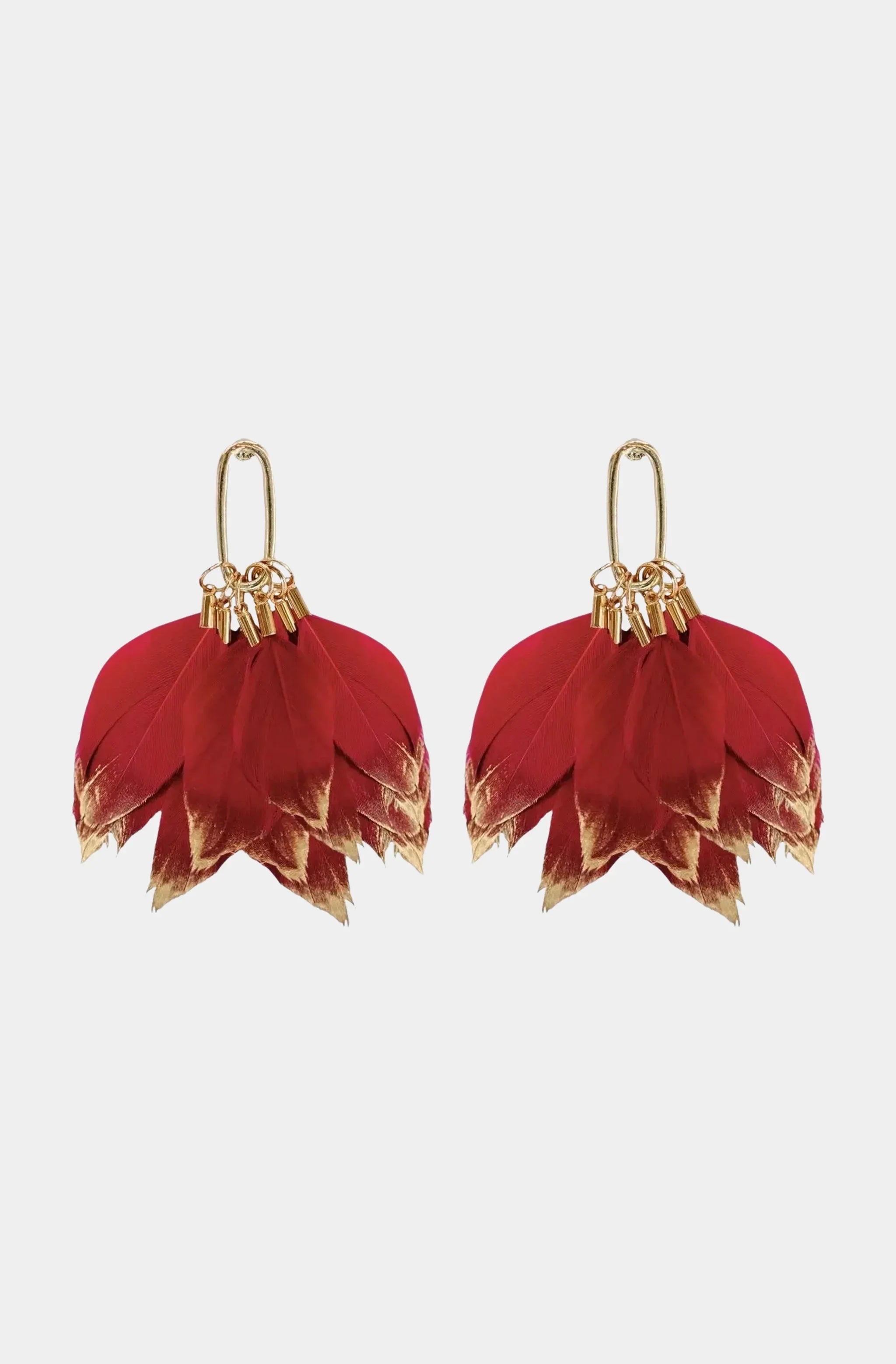 Garnet Gold Dipped Fall Feather Statement Earrings