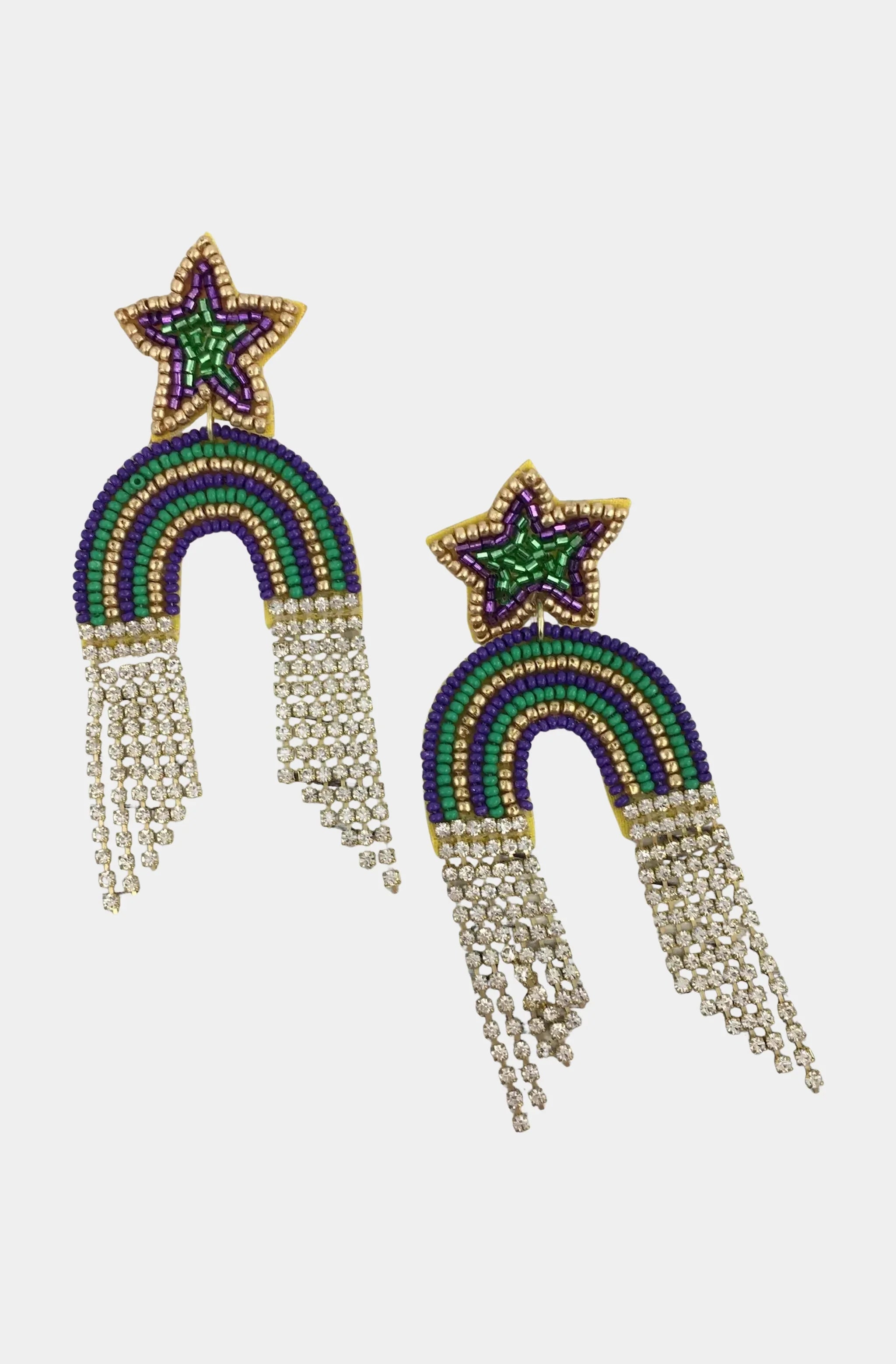 Mardi Gras Beaded Rainbow w/ Rhinestone Tassel Earrings