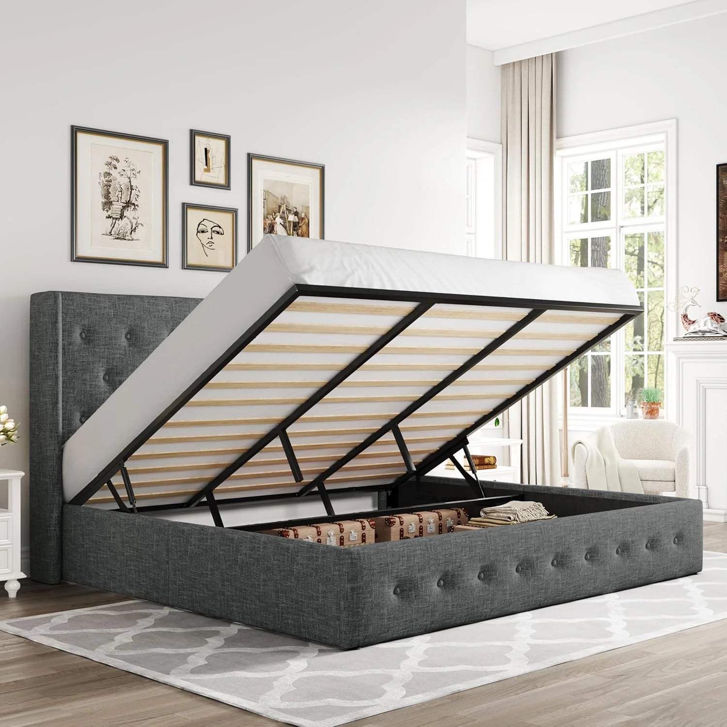 Allewie Queen Size Lift Up Storage Bed, Modern Wingback Headboard, Hydraulic Support, No Box Spring Needed, Light Beige