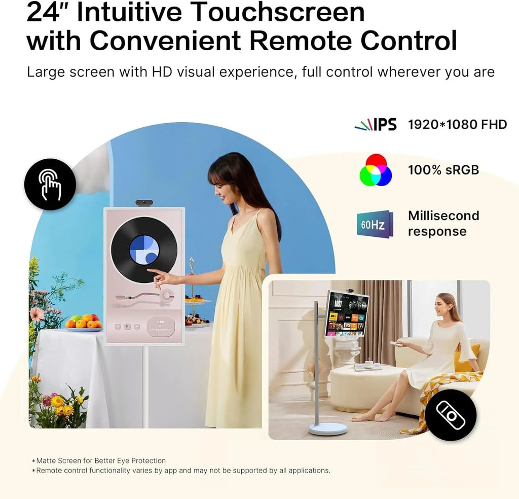 32-Inch Portable TV, 1080P FHD Rolling TV on Wheels with Rotatable Touch Screen, Android 13 OS, 8G RAM 128G Storage, Built-in Battery, Full Swivel Rotation, Voice Remote