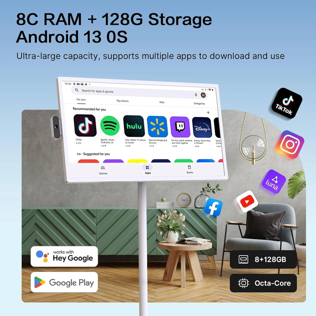 32-Inch Portable TV, 1080P FHD Rolling TV on Wheels with Rotatable Touch Screen, Android 13 OS, 8G RAM 128G Storage, Built-in Battery, Full Swivel Rotation, Voice Remote