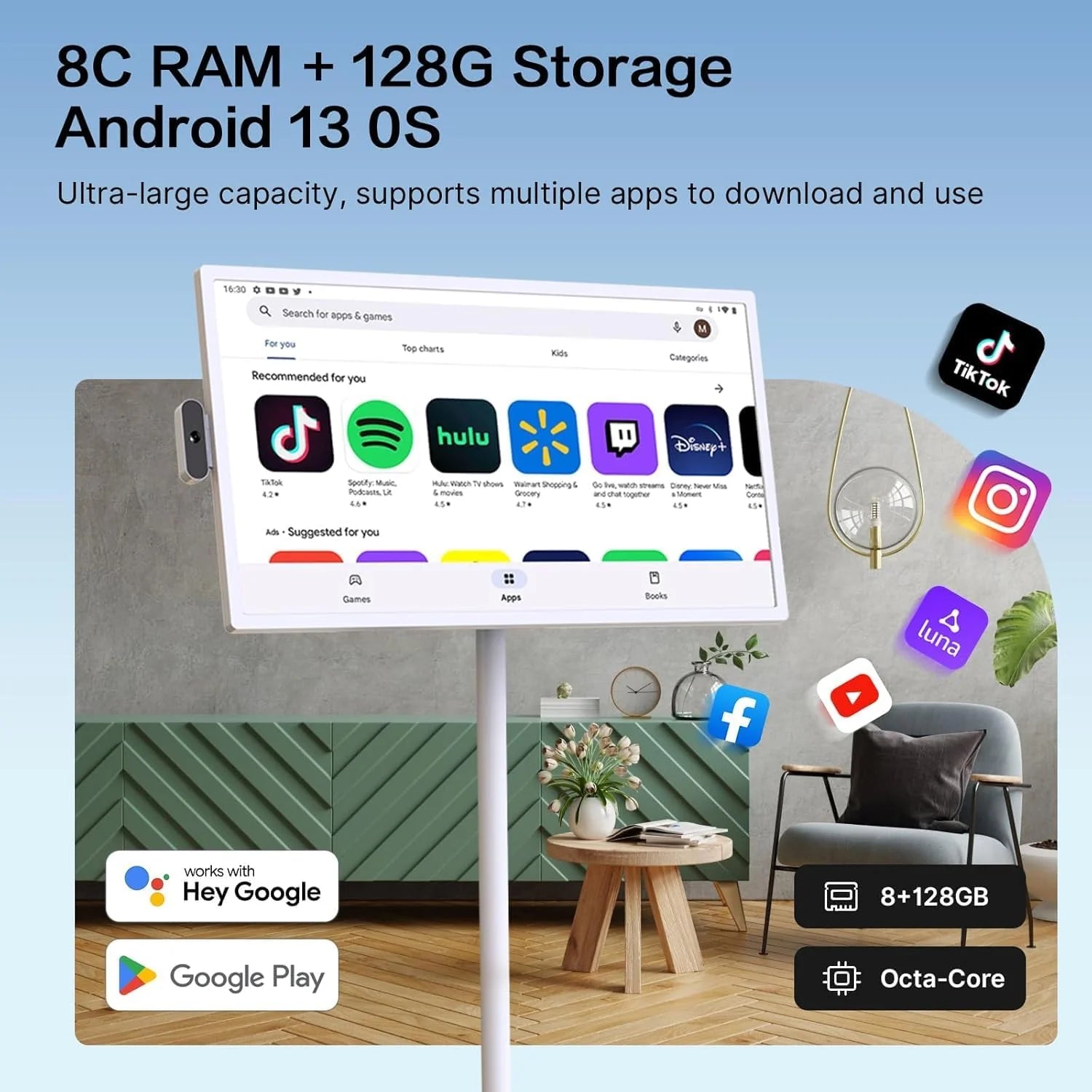 32-Inch Portable TV, 1080P FHD Rolling TV on Wheels with Rotatable Touch Screen, Android 13 OS, 8G RAM 128G Storage, Built-in Battery, Full Swivel Rotation, Voice Remote