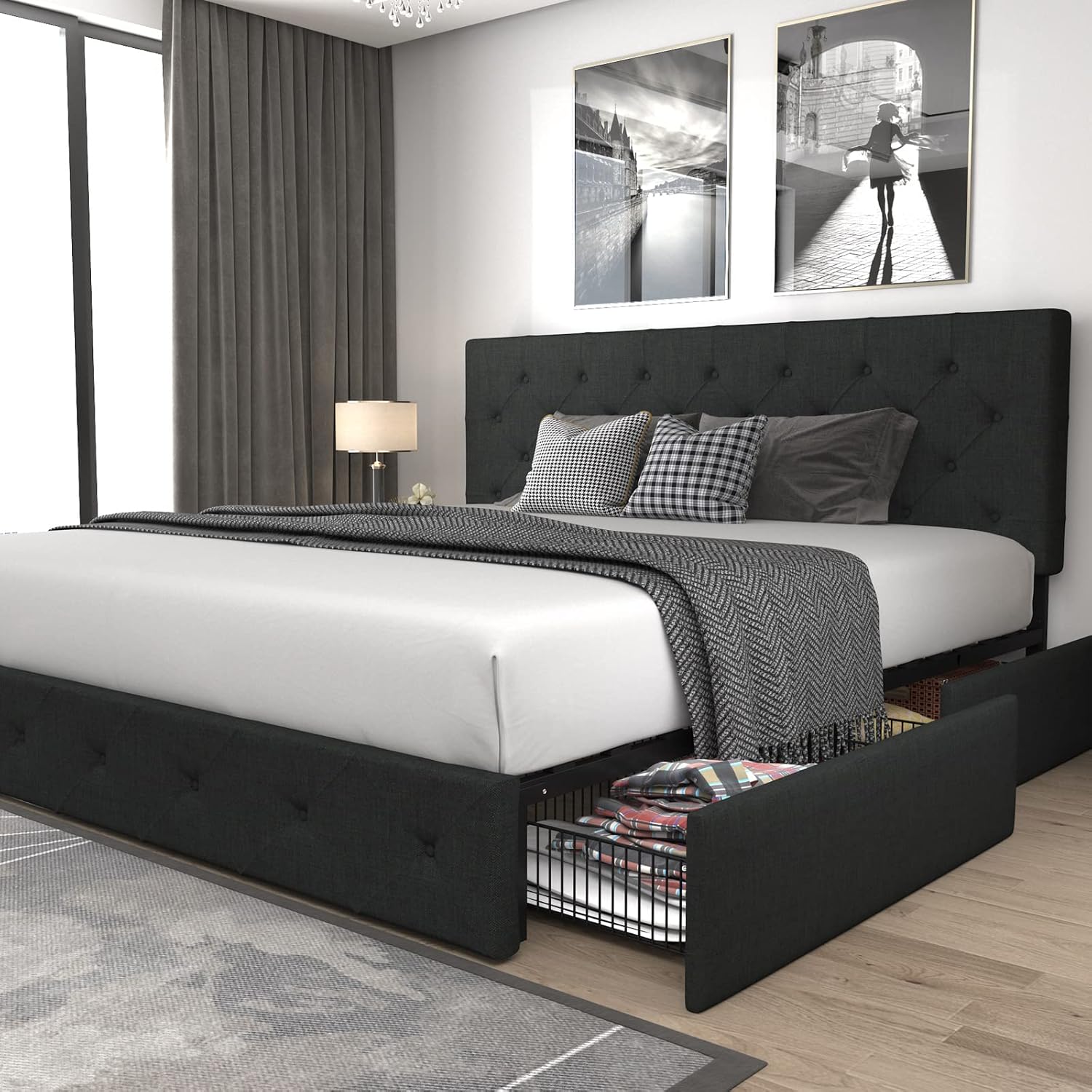Allewie Upholstered Queen Size Platform Bed Frame with 4 Storage Drawers and Headboard, Square Stitched Button Tufted, Mattress Foundation with Wooden Slats Support, No Box Spring Needed, Light Grey