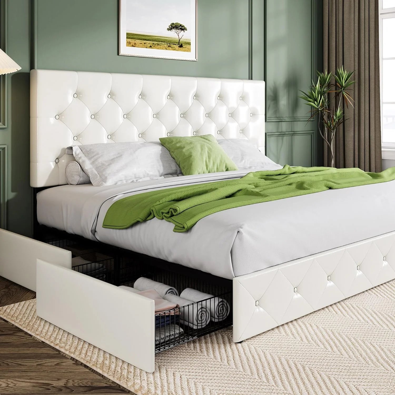Allewie Upholstered Queen Size Platform Bed Frame with 4 Storage Drawers and Headboard, Square Stitched Button Tufted, Mattress Foundation with Wooden Slats Support, No Box Spring Needed, Light Grey