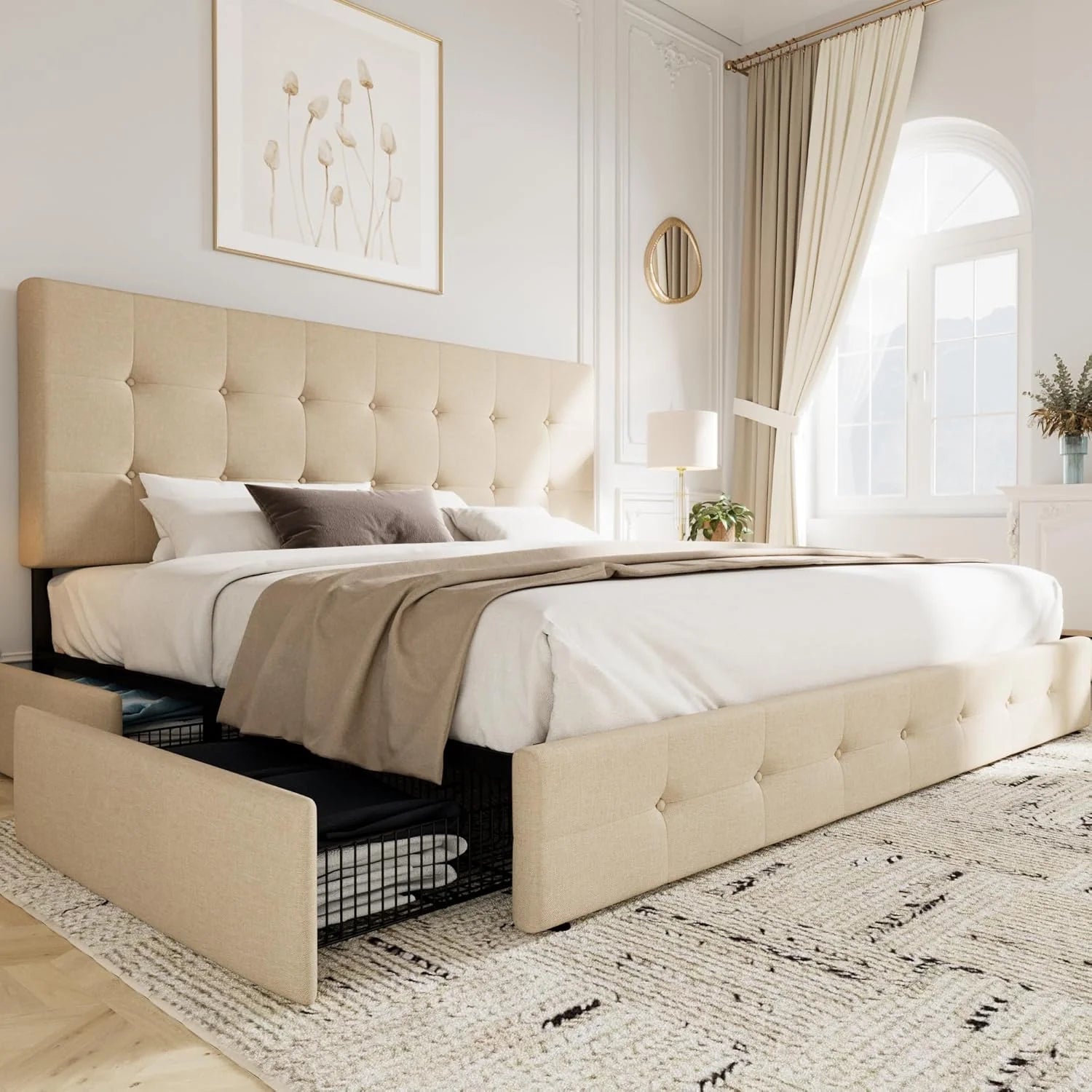 Allewie Upholstered Queen Size Platform Bed Frame with 4 Storage Drawers and Headboard, Square Stitched Button Tufted, Mattress Foundation with Wooden Slats Support, No Box Spring Needed, Light Grey