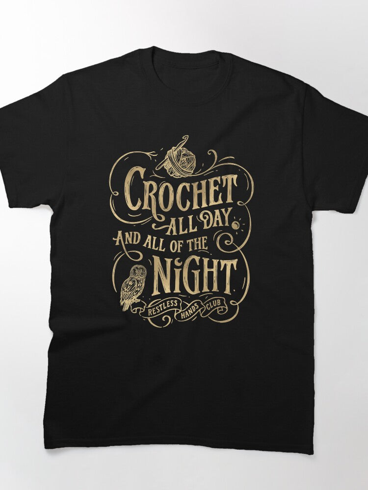 Crochet All Night Gold Text Oversized T-Shirt Chic Crafty Top
