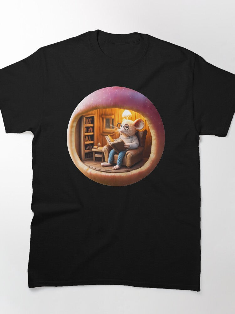 Mouse In An Apple Tee Cozy Reading Animal Oversized Graphic Shirt