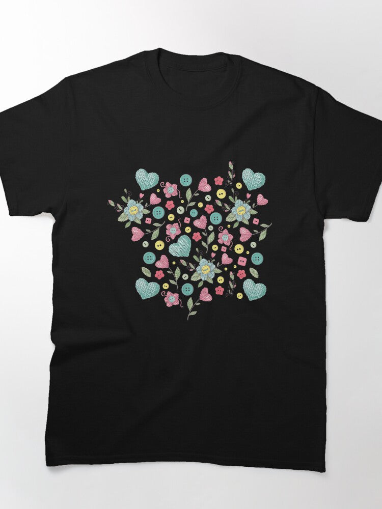 Wool Style Flower and Hearts Graphic Oversized Tee