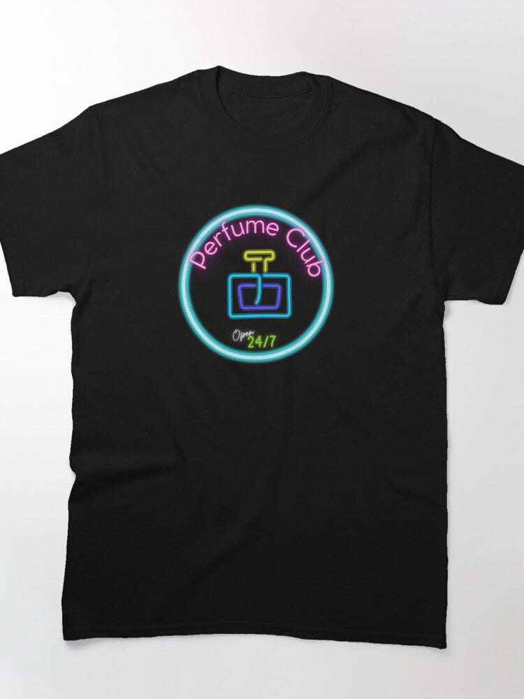 Perfume Club Neon Sign Tee - Retro Nightlife Fragrance Graphic Shirt