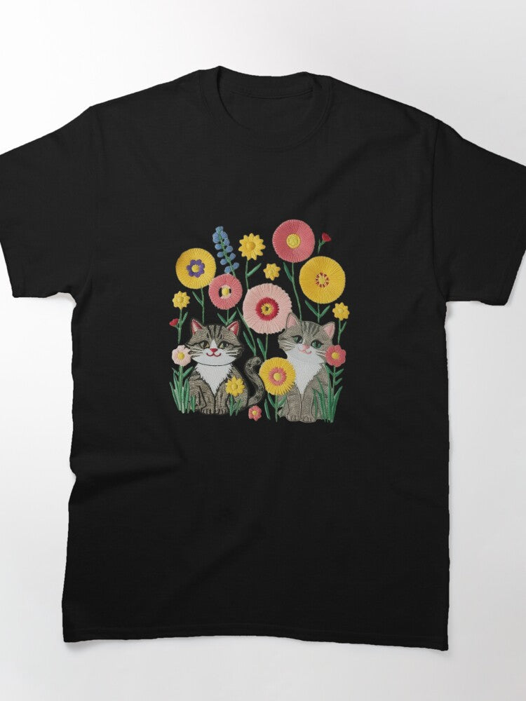 Playful Cats Floral Garden Embroidery Oversized Tee