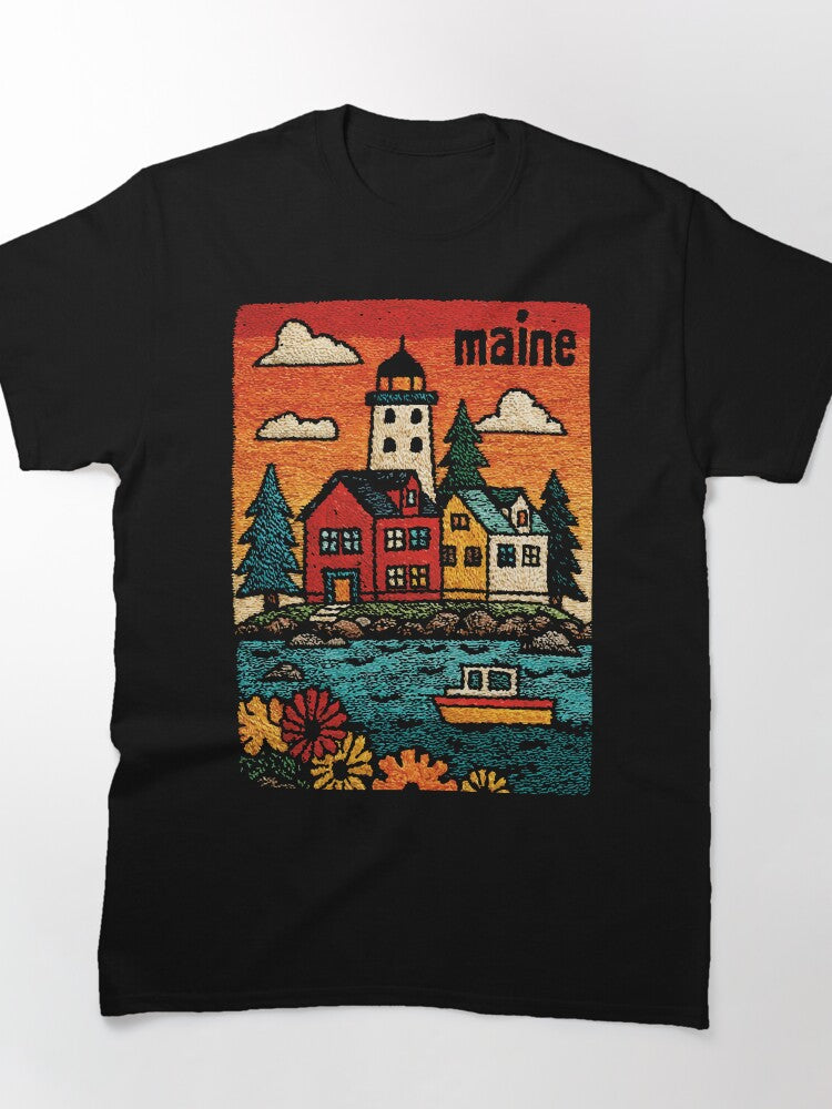 Maine Coastal Town Folk Art Poster Print Oversized T-Shirt