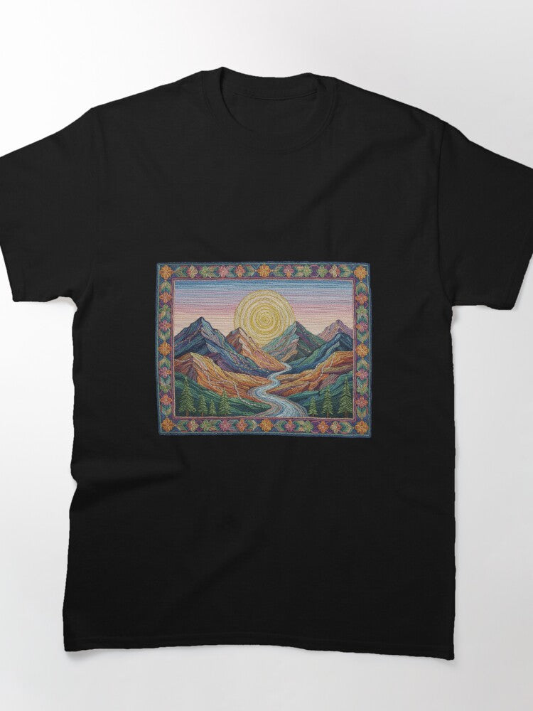 Mountain Sunset Woven River Landscape Oversized T-Shirt