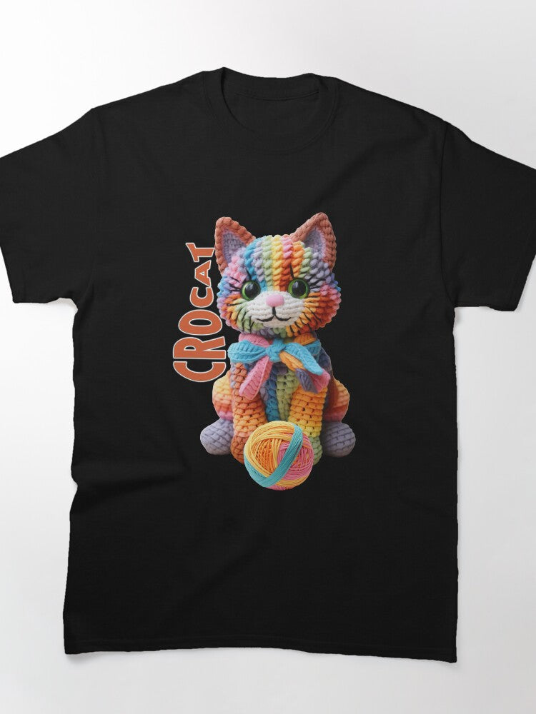 Kawaii Crocat Rainbow Yarn Shirt Cute Cat Crochet Oversized Tee