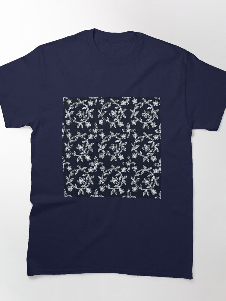 Folk Art White on Indigo Embroidery Style Oversized Tee