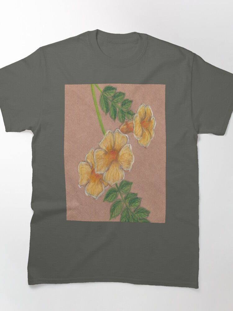 Trumpet Vine Flower Drawing Oversized T-Shirt Botanical Art Tee
