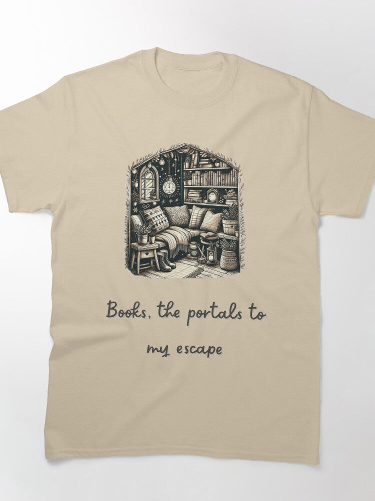 Escape Into Books Shirt Cozy Reading Nook Oversized Graphic Tee