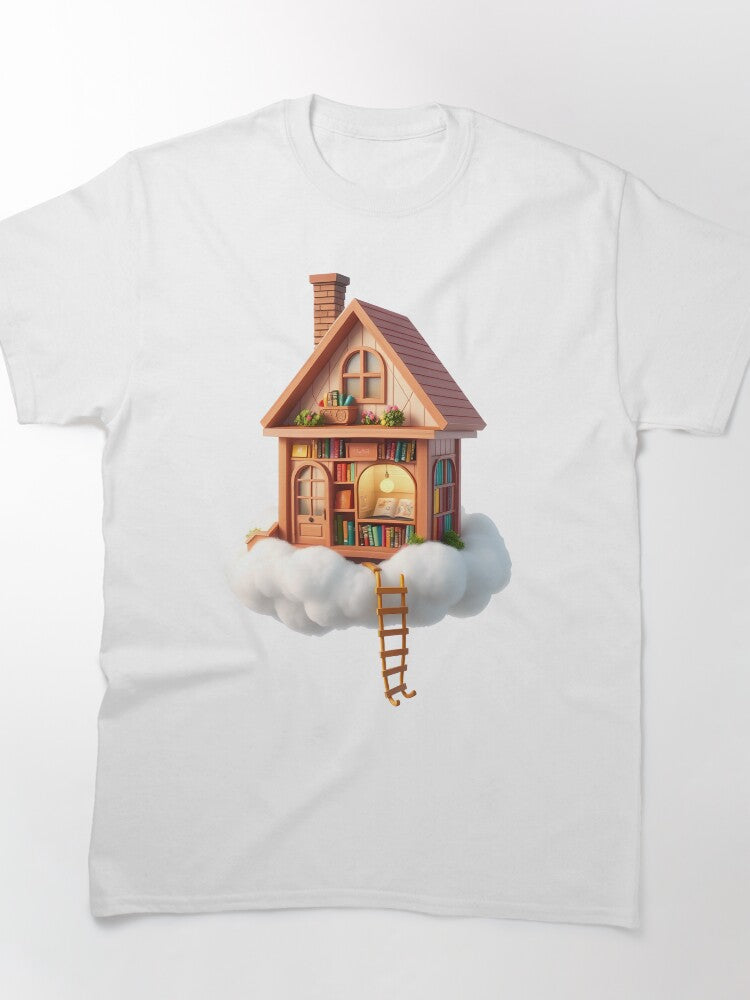 Cloud Book Cottage Shirt Whimsical Fantasy Art Oversized Tee