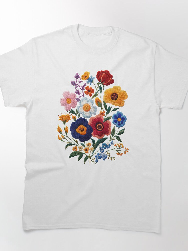 Whimsical Floral Faux Embroidery Art Oversized T-Shirt