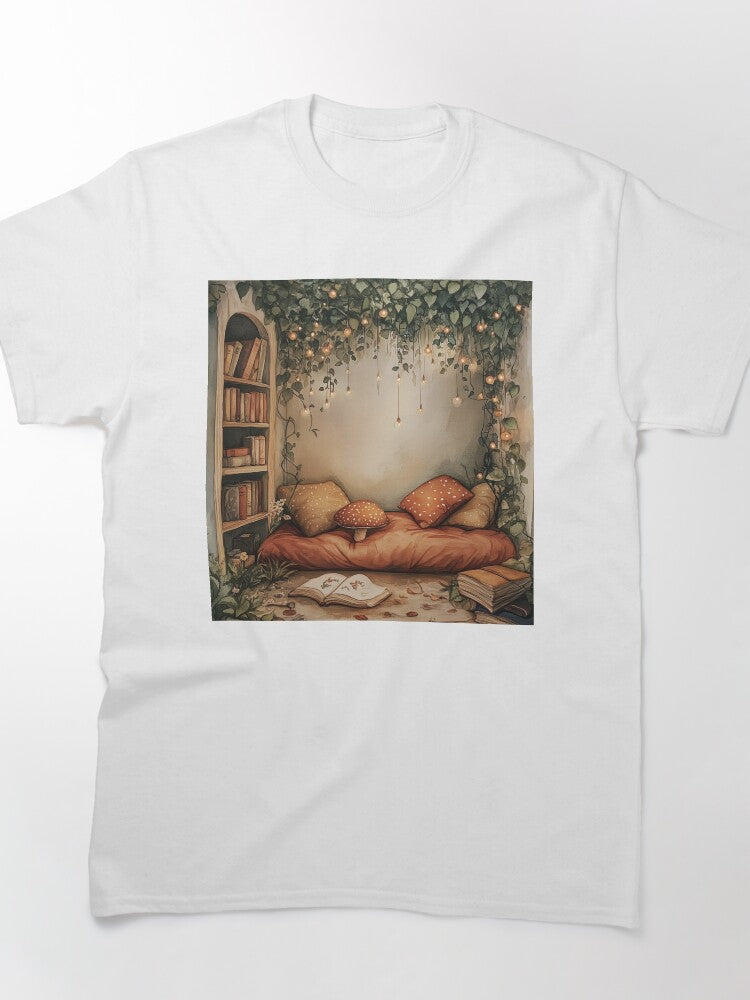 Enchanted Reading Corner Tee Whimsical Art Print Oversized Shirt