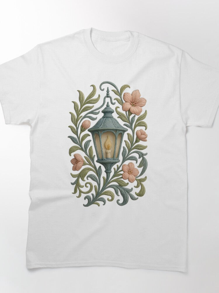 Vintage Lantern Floral Thread Art Graphic Oversized Tee
