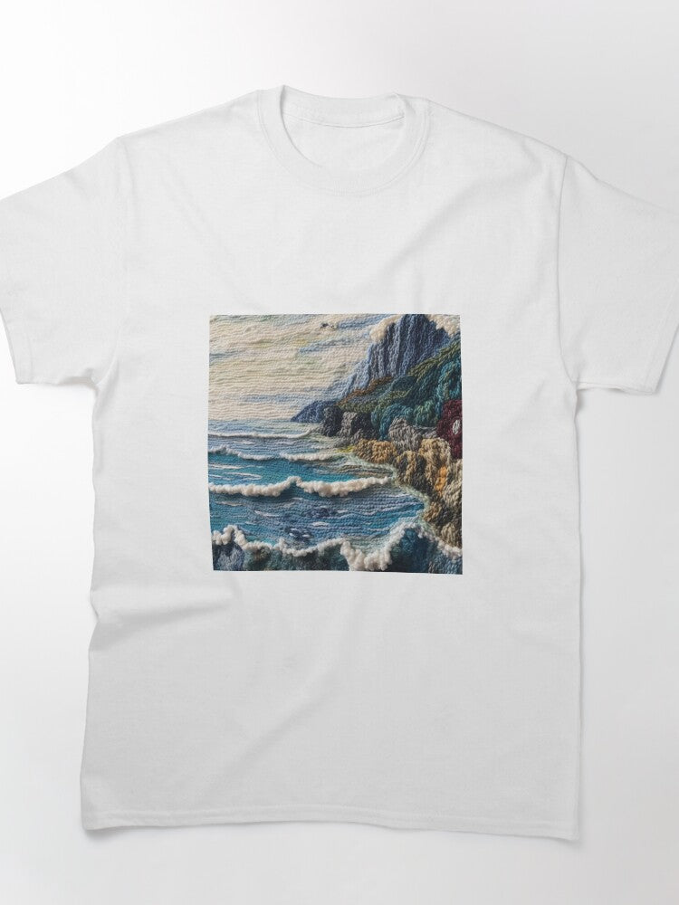 Scottish Coastline Crochet Tapestry Art Oversized Cotton Tee