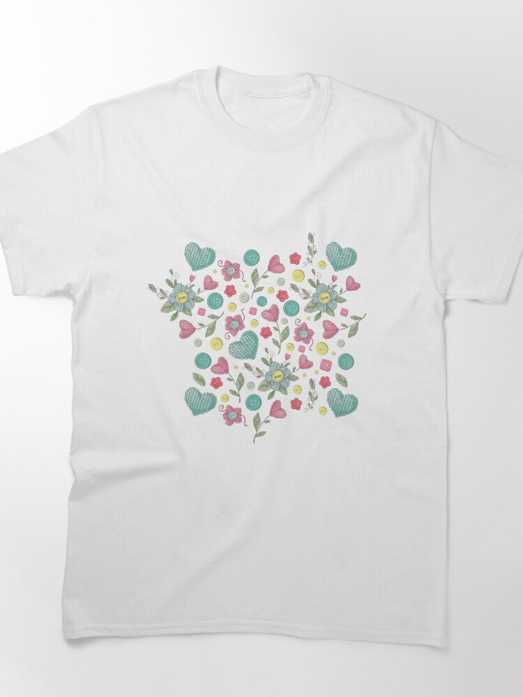 Wool Texture Flower and Hearts Pattern Oversized Cotton Tee