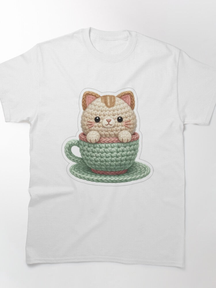 Cozy Teacup Crochet Cat Shirt Oversized Kawaii Yarn Lover Tee