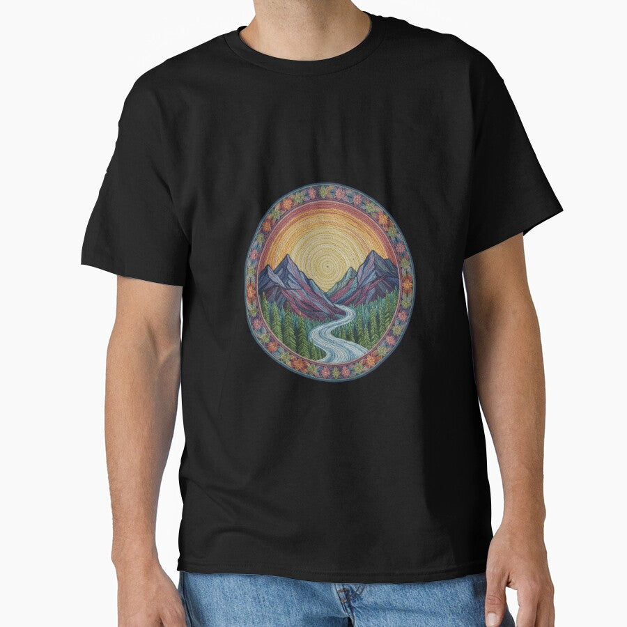 Mountain Sunset Vintage Needlepoint Nature Oversized T-Shirt Black